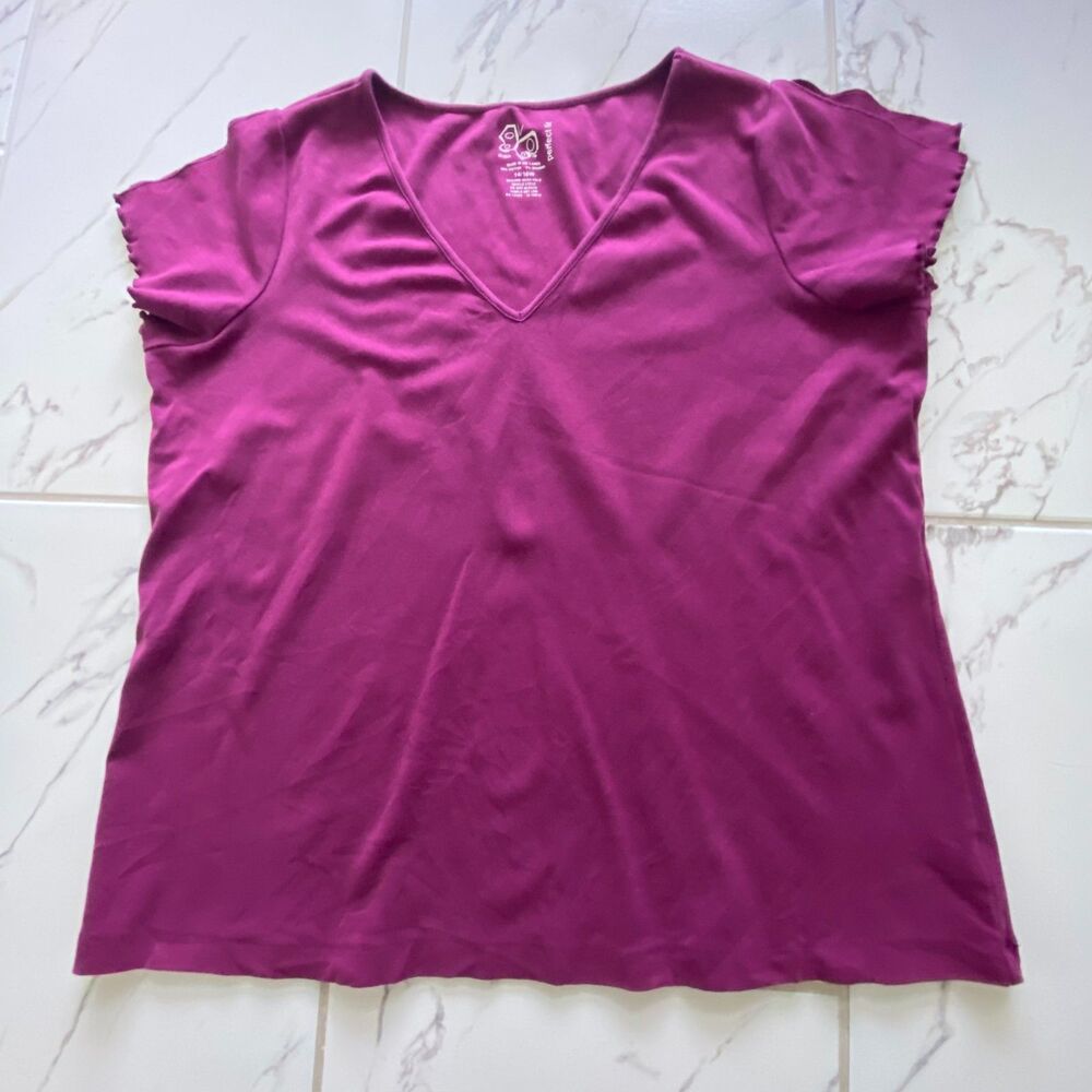 Perfect Fit Women 14 16W Magenta V Neck Stretch Short Sleeve Top